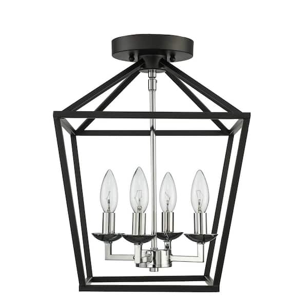 Weyburn 16.5 in. 4-Light Black and Chrome Farmhouse Semi-Flush Mount Ceiling Light Fixture with Caged Metal Shade