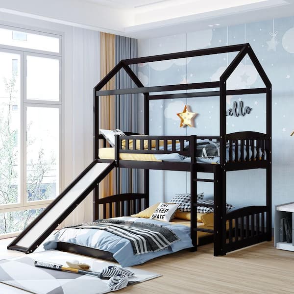 GOSALMON Espresso Twin Over Twin Bunk Bed with Slide, House Bed with Slide