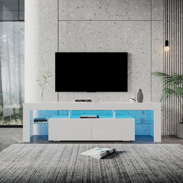 Unbranded 78.74 in. White TV Stand Fits TV's up to 80 in. 20 Colors LED TV Stand Remote Control Lights