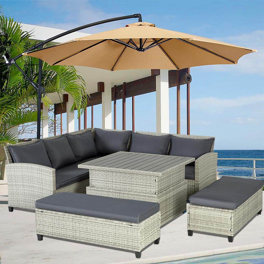 6-Piece Gray Wicker Outdoor Sectional Sofa with Gray Cushion