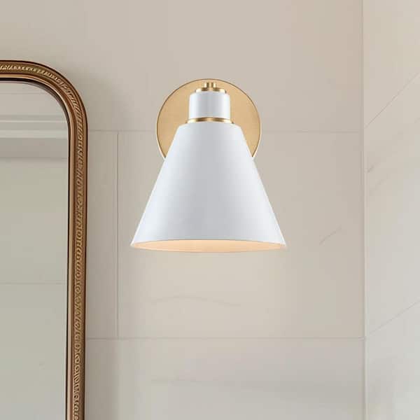 Forge 1-Light White and Gold Indoor Wall Sconce Light Fixture with Metal Cone Shade