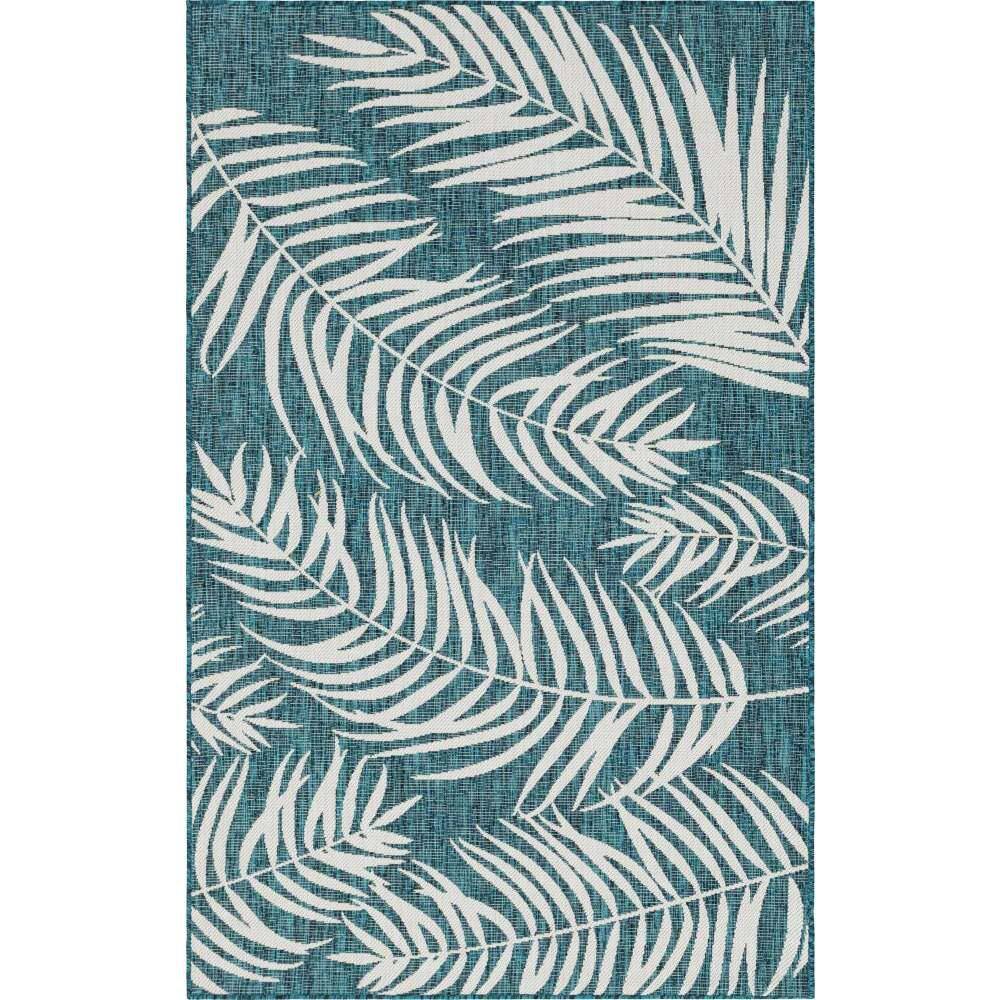 Unique Loom Outdoor Botanical Palm Teal 5 ft. 1 in. x 8 ft. Area Rug