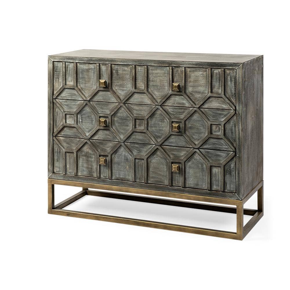Genevieve Light Gray Wood and Antique Brass 3-Drawer Cabinet
