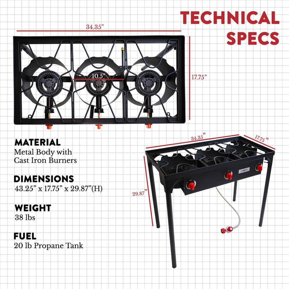 Black Metal 3-Burner Propane Outdoor Stove with Adjustable Regulator
