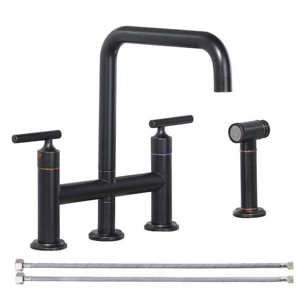 Double Handle Brass Bridge Kitchen Faucet, Deck Mount Kitchen Sink Faucet with Side Sprayer in Oil Rubbed Bronze