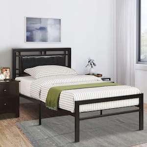 Silver and Black Wooden Frame Twin Platform Bed With Wood Panel Headboard