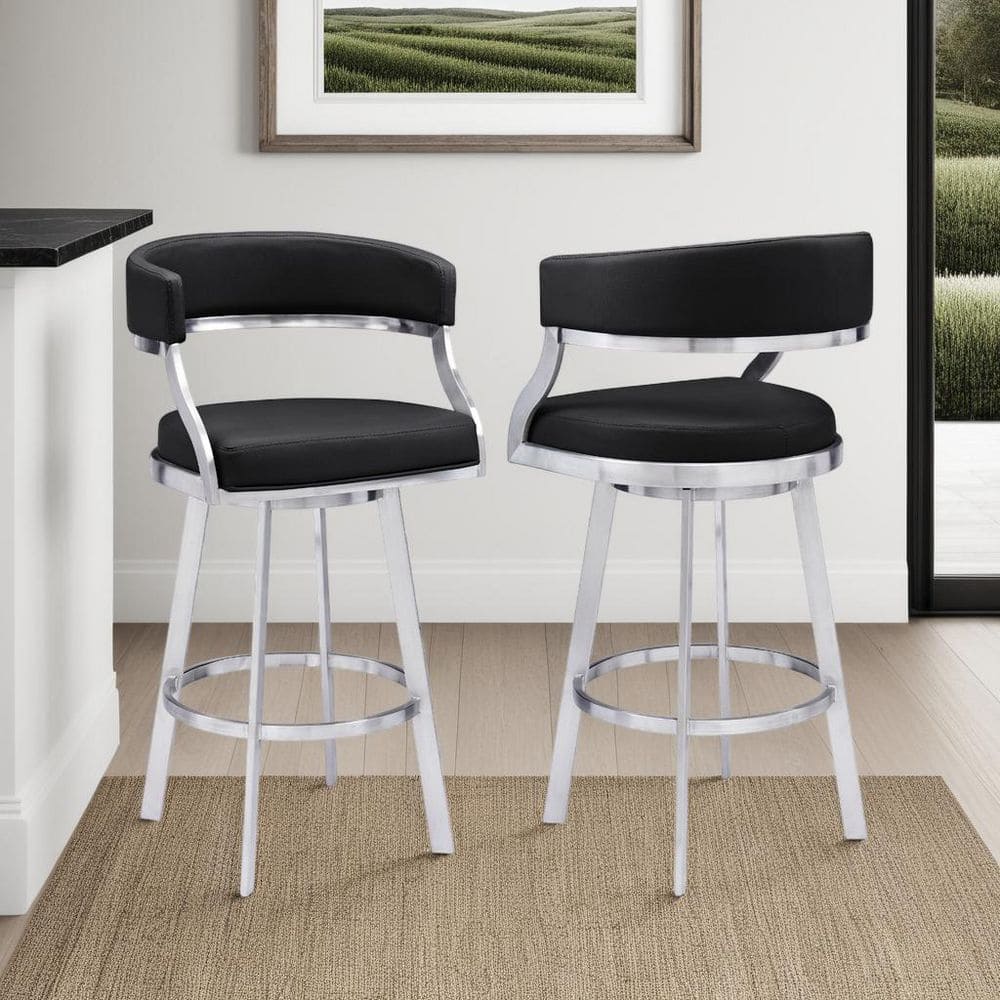 Saturn 26" Swivel Counter Stool in Black Faux Leather and Stainless Steel