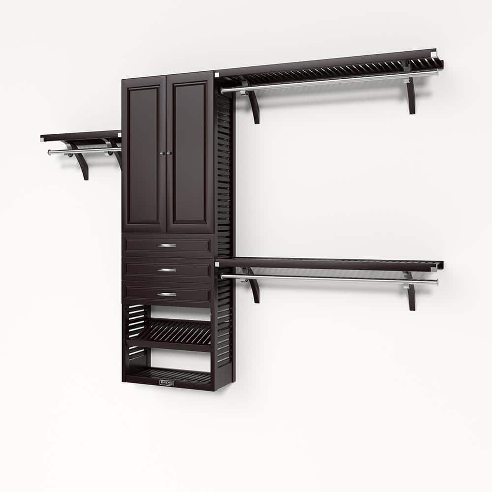 72 in. W - 120 in. W Espresso Reach in with 3 Drawers and Wood Door 12 in. Shelf Wood Closet System