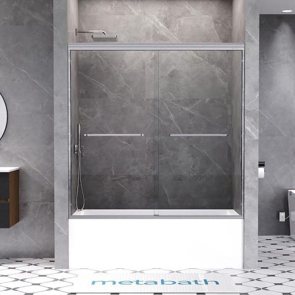 56 to 60 in. W x 60 in. H Semi Frameless Double Sliding Tub Door in Brushed Nickel with 5/16 in. Tempered Clear Glass