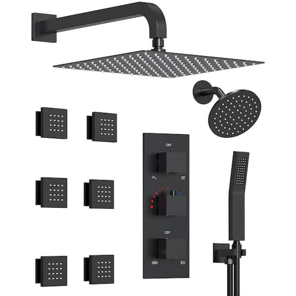 8-Spray Wall Mount 12 in. Dual Shower Head and Handheld Shower Head 2.5 GPM in Matte Black Valve Included
