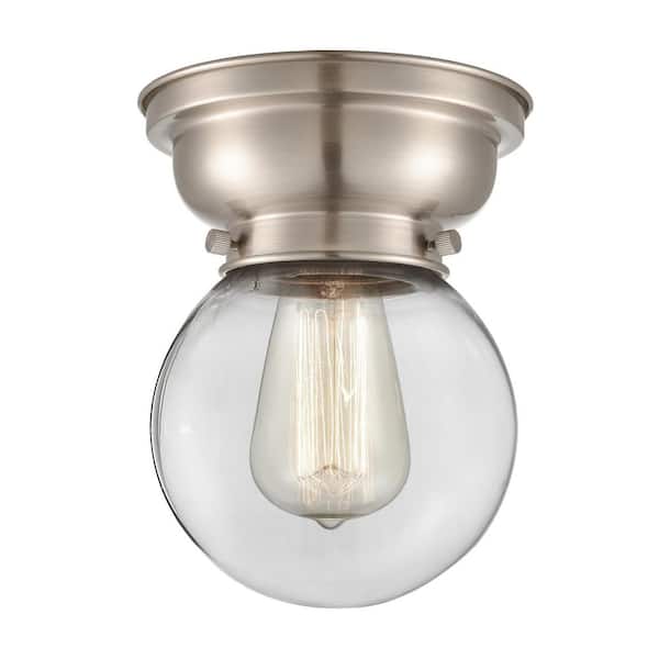 Beacon 6.25 in. 1-Light Brushed Satin Nickel Industrial Flush Mount with Clear Glass Shade