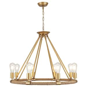 8-Light Gold Circle Candle Design Wagon Wheel Chandelier Hemp Rope Linear Lighting Fixture for Kitchen Island