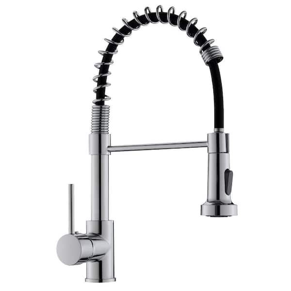Tahanbath Single Handle Deck Mount Pull Down Sprayer Kitchen Faucet in Silver