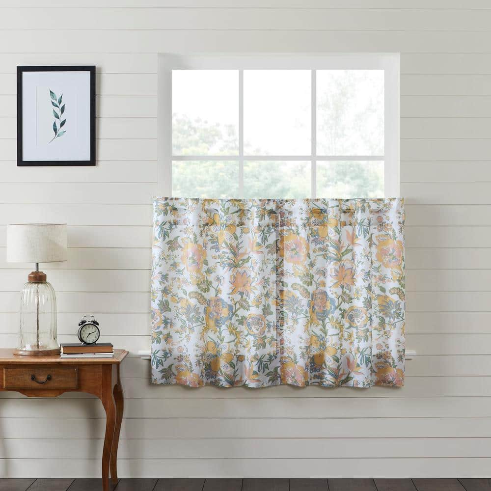 VHC Brands Wilder  Farmhouse Cafe Tier Curtain  Floral  Blue & Green  36x36  Set of 2