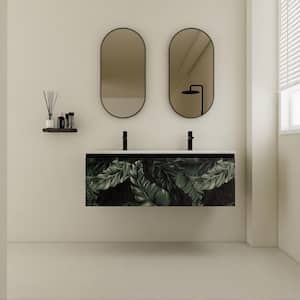 18 in.Wx17 in.Hx48 in.D Black Floating Wall-Mounted Bath Vanity in Feather Pattern with 2 Sinks White Ceramic Top