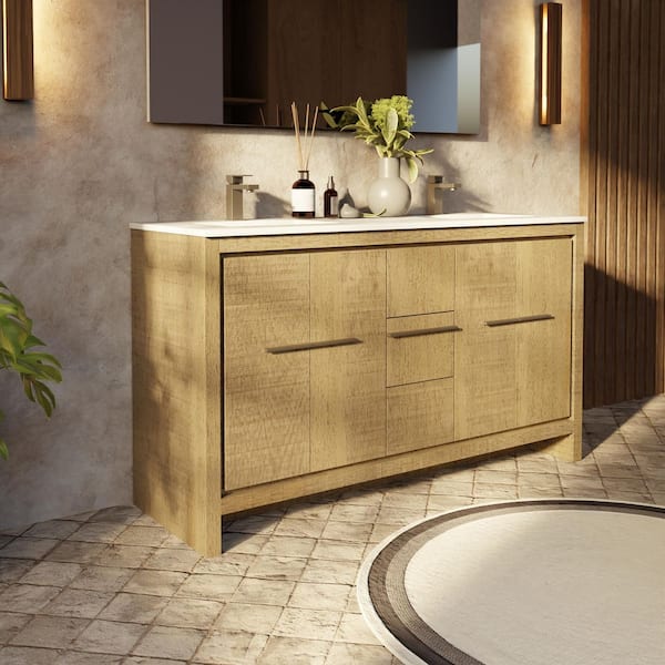 Lafarre 60 in W x 20 in D Rustic Acacia Double Bath Vanity, Cultured Marble Top and Gun Metal Faucet Set