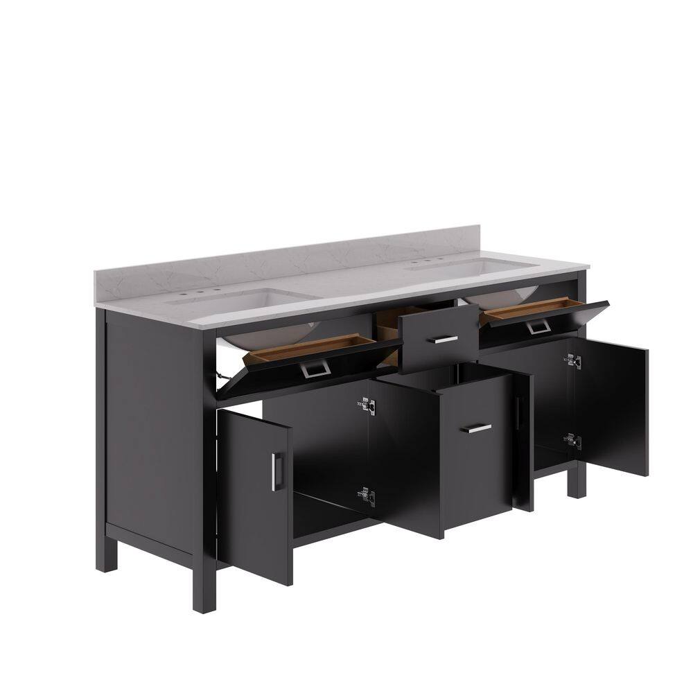 72" Black Double Freestanding Bathroom Vanity with Marble Top