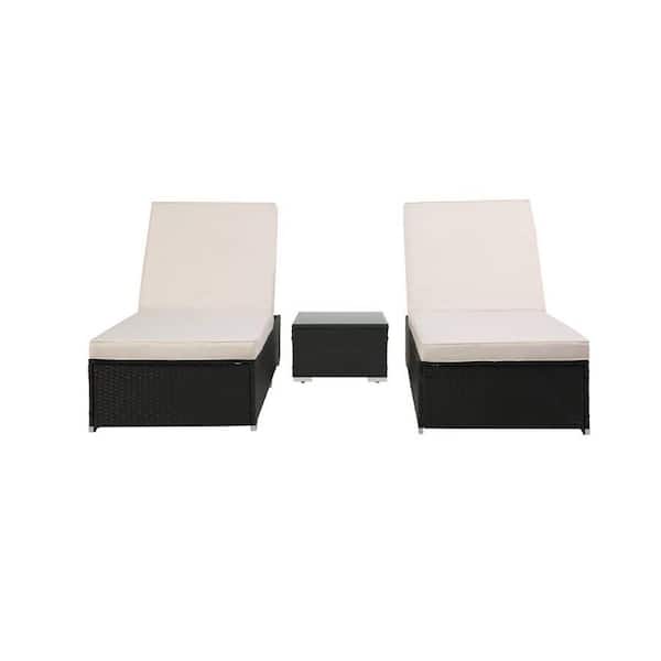 TIRAMISUBEST 3-Piece Wicker Outdoor Chaise Lounge Set with Table and Beige Cushions