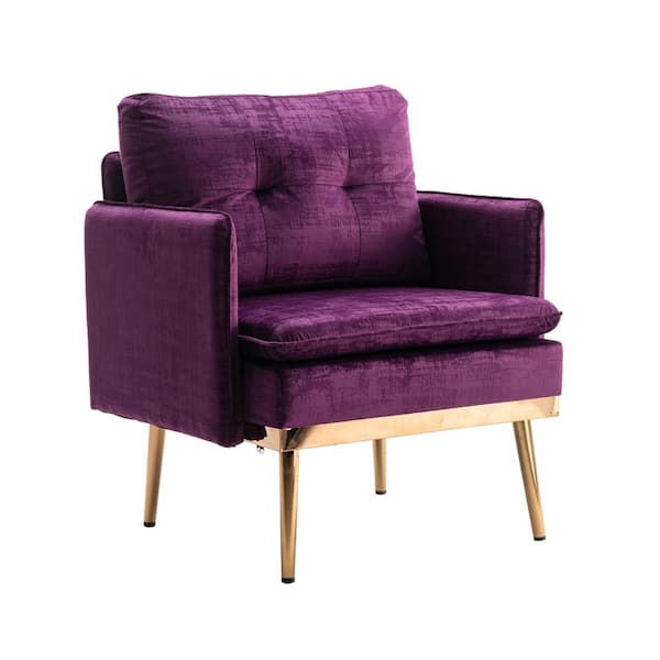 Kahomvis Purple Velvet Upholstered Arm Chair with Tufted Back and Polished Rose Golden Iron Legs (Set of 1)