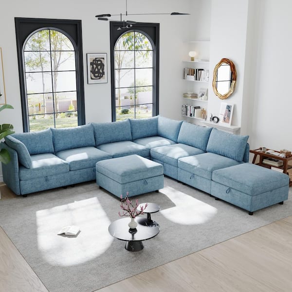 Willow 129 in. 8-Piece Chenille Modular Sectional Sofa in. Antique Blue with Storage, Sleeper Sofa Bed with Ottomans