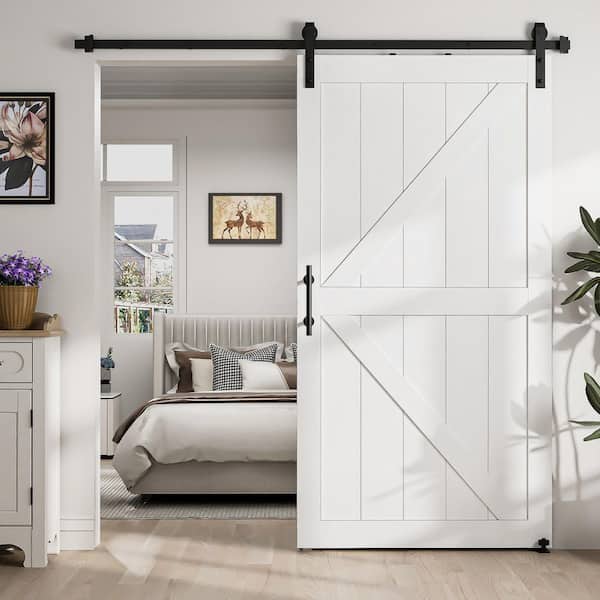 36 in. x 84 in. White K-shaped MDF Sliding Barn Door Slab with Hardware Kit