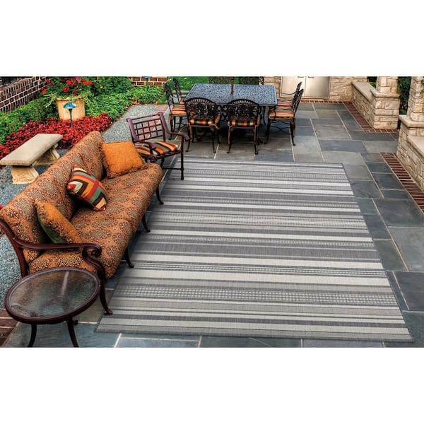 Recife Gazebo Stripe  8 ft. x 8 ft. Ivory-Silver  Square Indoor/Outdoor Area Rug