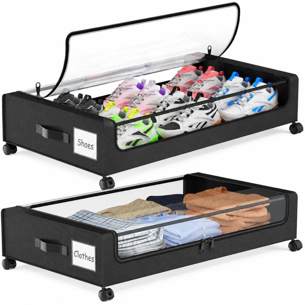 UUDULY Black 31.75 in x 6.5 in Fabric Metal Under Bed Storage Bins Set of 2 with Wheels and Clear Lids
