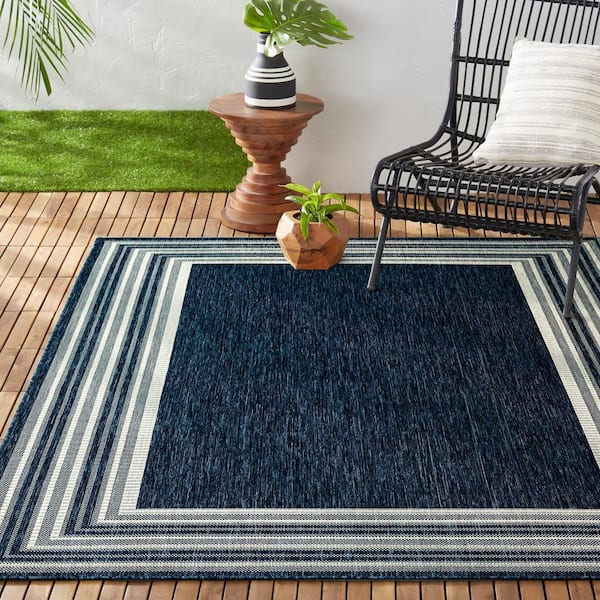 Nicole Miller Patio Country Layla Navy Blue Ivory 8 Ft X 10 Modern Border Indoor Outdoor Area Rug 1 2768 609 The