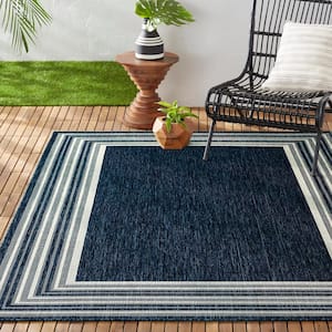 Patio Country Layla Navy Blue/Ivory 8 ft. x 10 ft. Modern Border Indoor/Outdoor Area Rug
