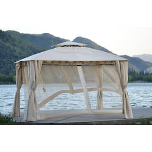 12 ft. x 11 ft. Beige Rectangular Double Tiered Grill Canopy, Outdoor BBQ Gazebo Tent with UV Protection