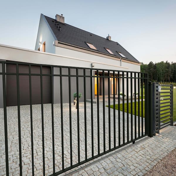 Madrid Style 12 ft. x 6 ft. Black Steel Single Slide Driveway Fence Gate