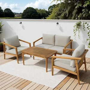 4 Piece Acacia Wood Patio Furniture Set, Outdoor Sofa Set with Thickened Cushions, Light Gray