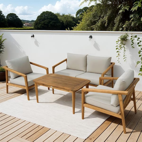 4 Piece Acacia Wood Patio Furniture Set, Outdoor Sofa Set with Thickened Cushions, Light Gray