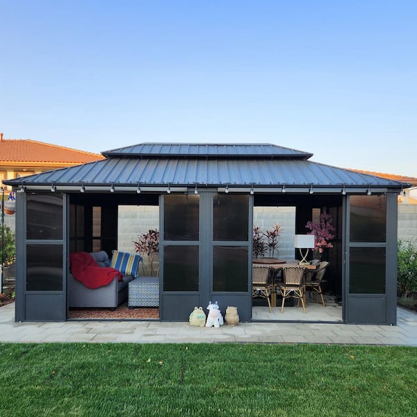 12ft. x 20ft. Patio Hardtop Gazebo Double Top PC Mesh Screen House Aluminum Solarium Backyard Sunroom, 24 Lights, Gray