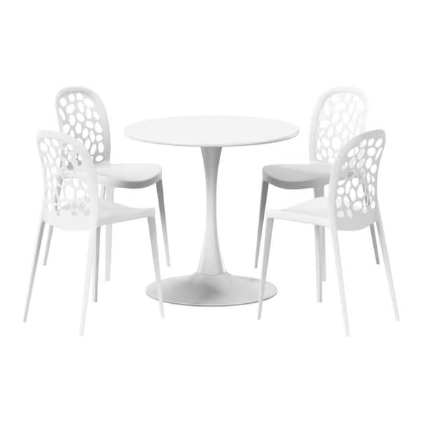 Frond and Form Outdoor Patio Modern 5-Piece Round HDPE Plastic Dining Table Set with Stackable Chairs, White