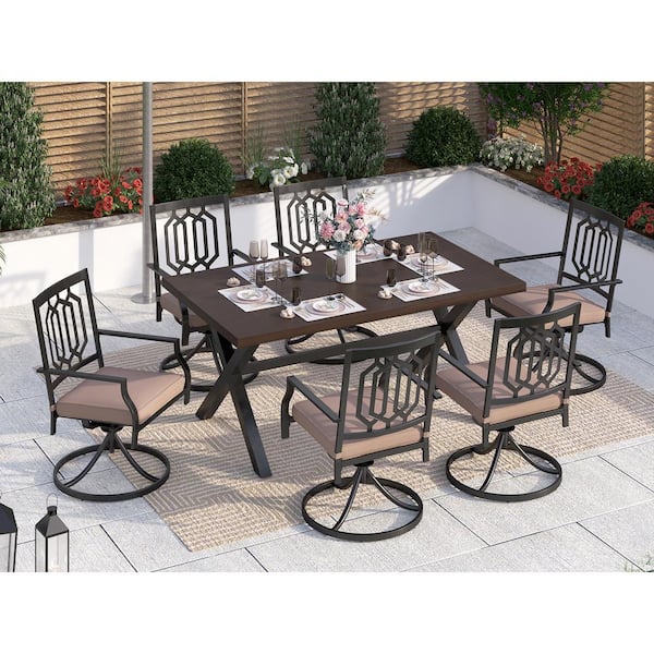 PHI VILLA Black 7-Piece Metal Patio Outdoor Dining Set with Wood-Look Rectangle Table and Swivel Chairs with Beige Cushions