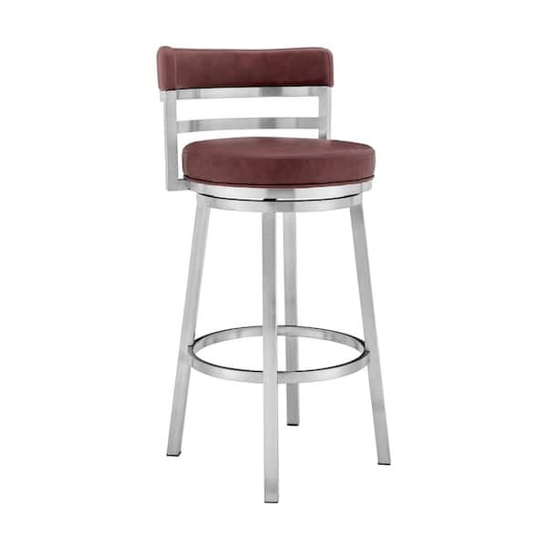 Armen Living Titana 36-40 in. Red/Brushed Stainless Steel Metal 26 in. Bar Stool with Faux Leather Seat
