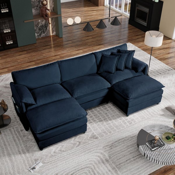 Maverick Modern 109.45 in. Pillow Top Arms 5-piece Chenille Modular Sectional Sofa in. Blue with 2 Ottomans