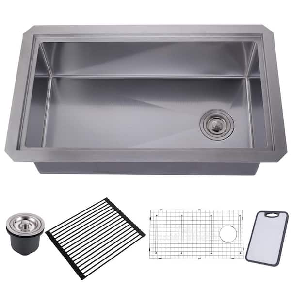 32 in. Drop-in/Undermount Single Bowl 18 Gauge Gunmetal Brushed Nickel Stainless Steel Kitchen Sink with Bottom Grids