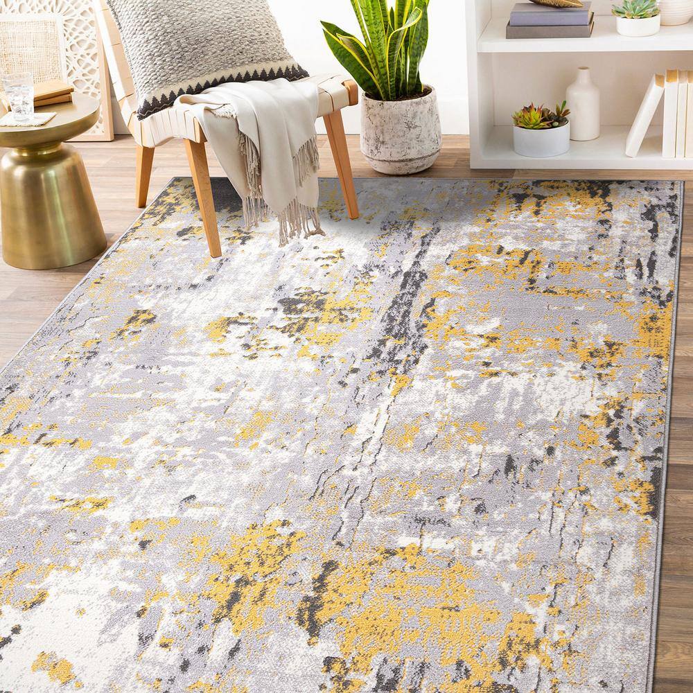Yellow and Gray Abstract 5' x 7' Synthetic Area Rug