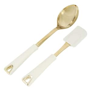 Lockton 2 Piece Stainless Steel Scraper and Spoon Kitchen Tool Set in Linen w/ Gold