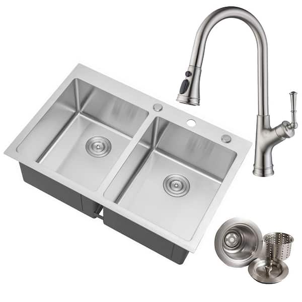 eModernDecor Topmount 16-Gauge Stainless Steel 33 in. x 22 in. x 10 in. 50/50 Double Bowl Drop-In Kitchen SinkFaucetStrainer