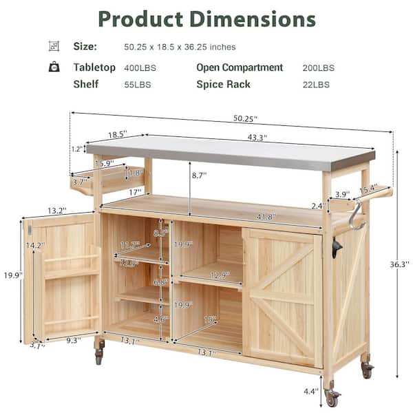 Xzkai Brown Wood 50 in. Kitchen Island with 5 Wheels, Wood Outdoor Grill Table, Spice Rack, Towel Rack, Stainless Steel Top