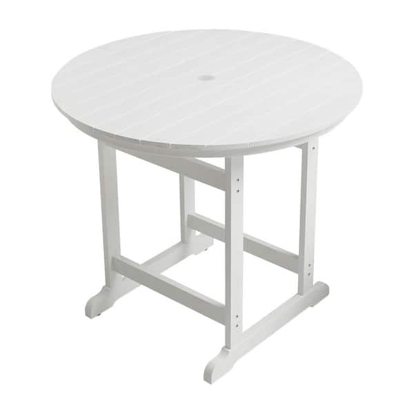 myhomore HIPS Patio Bar Table with Umbrella Hole 1.97 in. Side Table Plastic Height Table Pub for Balcony, Garden, Pool White