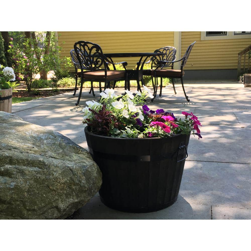 22" Dark Brown Acacia Wood Barrel Planter with Handles
