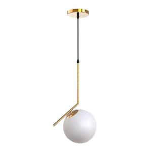 11.81 in. 60-Watt 1-Light Straight Gold Globe Pendant Light with White Frosted Glass Shade