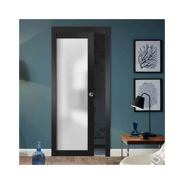 28 in. x 80 in. 1-Panel Black Finished Solid Wood Sliding Door with Single Pocket Hardware
