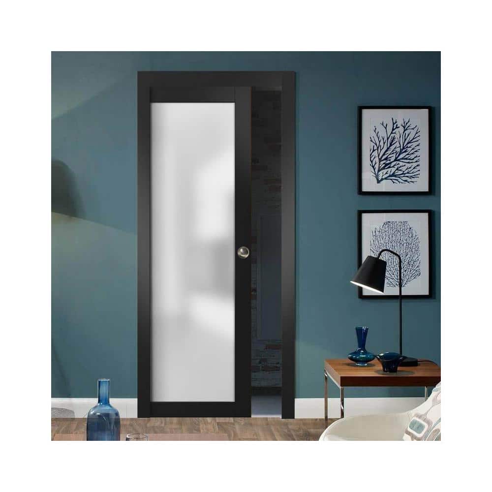 Black Sliding Pocket Door with Frosted Glass Panel