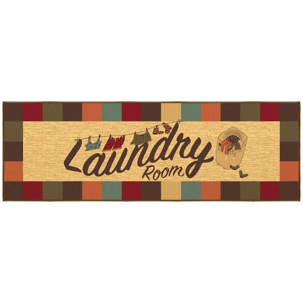 Ottomanson Laundry Collection Non-Slip Rubberback Checkered Border 2x5 Laundry Room Runner Rug,1 ft. 8 in. x4 ft. 11 in.,Multicolor
