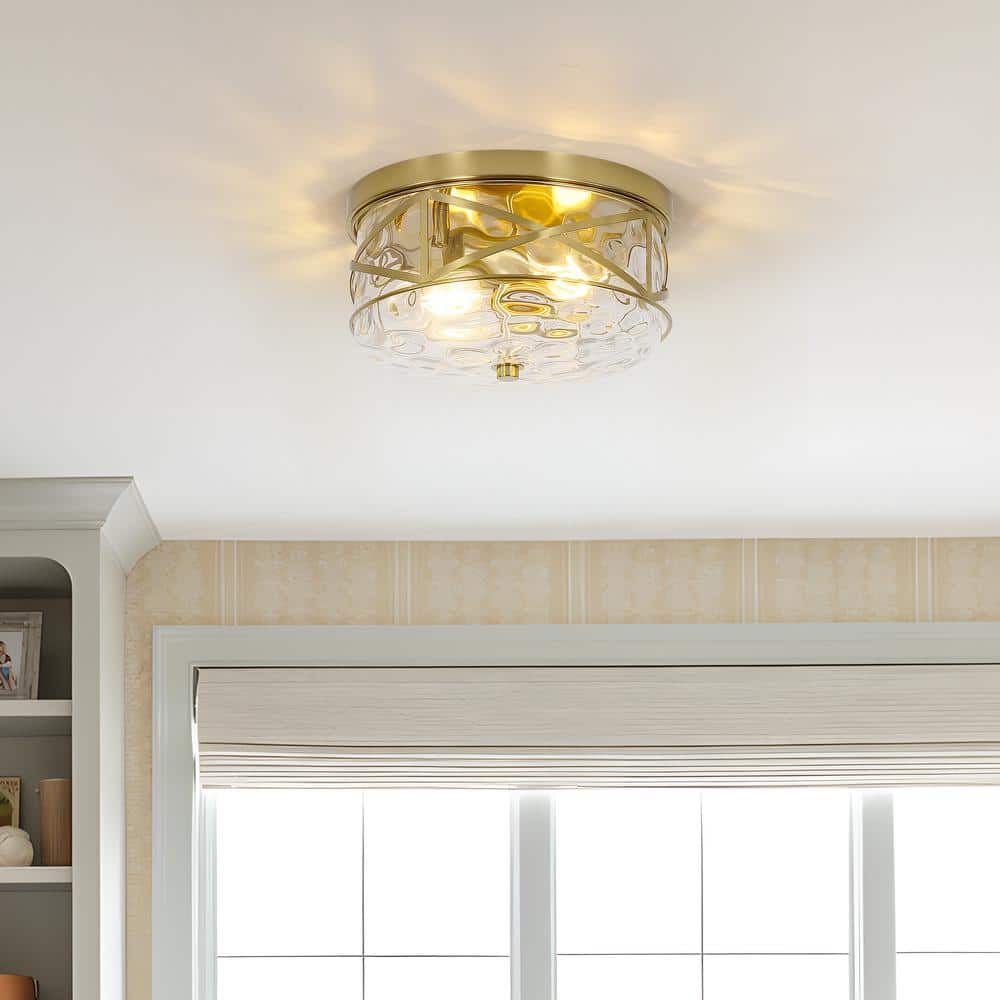 Gold 9.8" Flush Mount Ceiling Light with Hammered Glass Shade